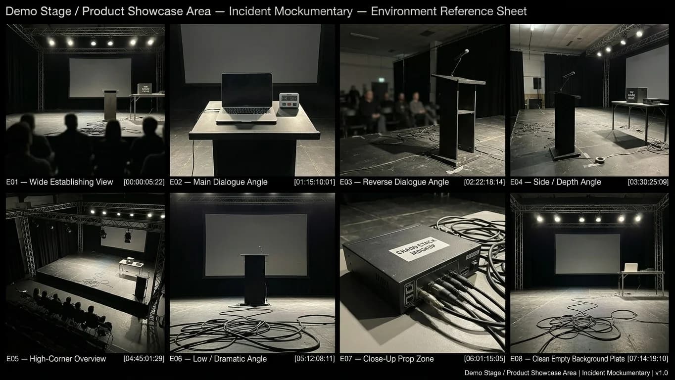 Demo Stage and Product Showcase Area — Tiny CTO: The Chaos Stack environment in Mockumentary style.