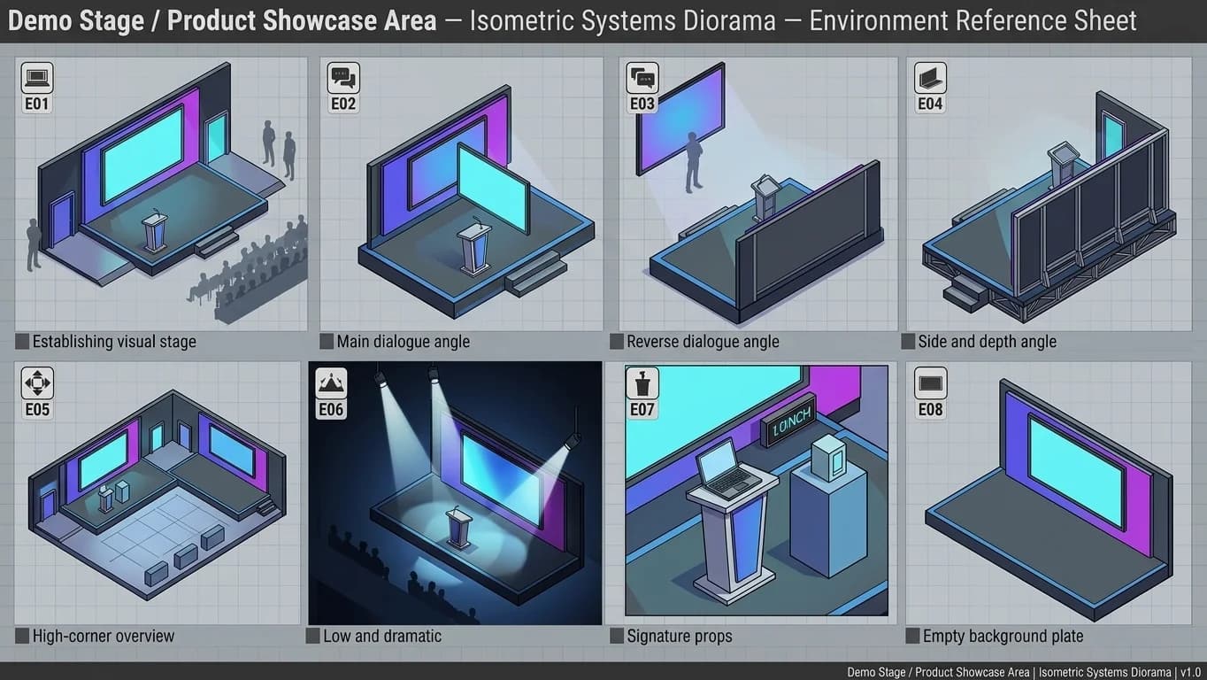 Demo Stage and Product Showcase Area — Tiny CTO: The Chaos Stack environment in Isometric style.