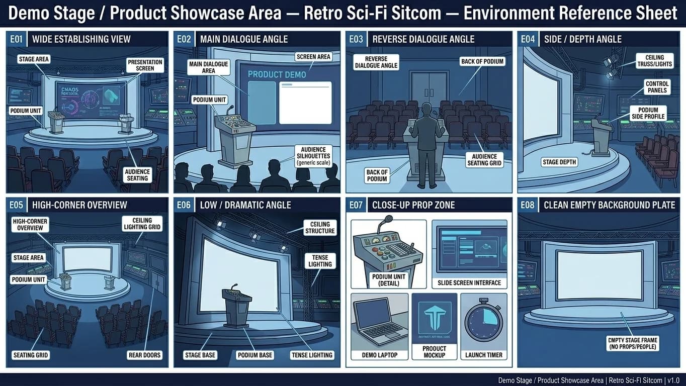 Demo Stage and Product Showcase Area — Tiny CTO: The Chaos Stack environment in Retro style.