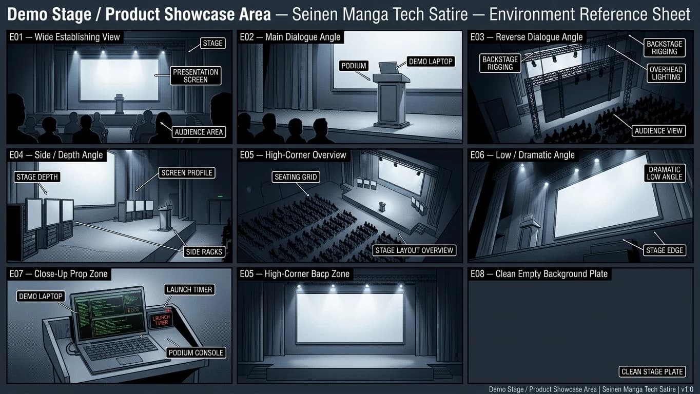 Demo Stage and Product Showcase Area — Tiny CTO: The Chaos Stack environment in Seinen style.