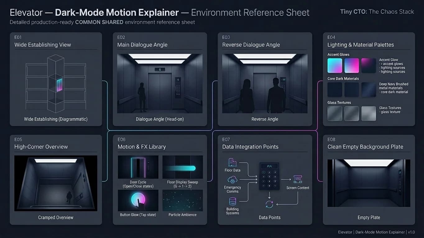 Elevator in Dark-Mode Motion Explainer style.