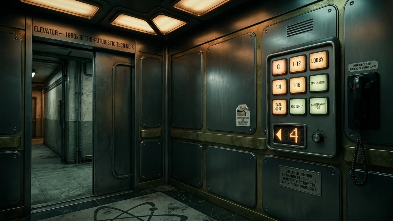 Elevator in Retro Sci-Fi Sitcom style.