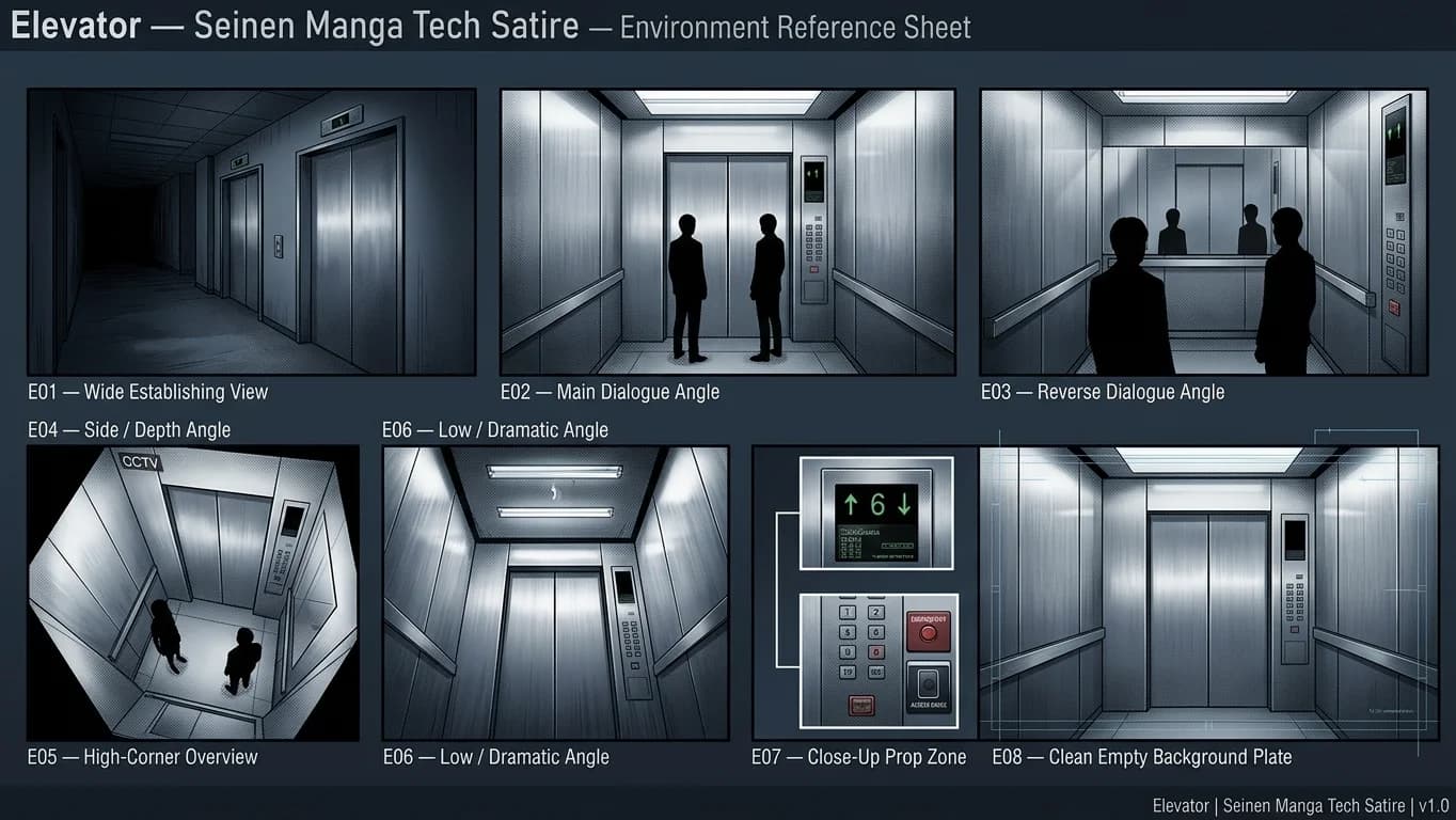 Elevator in Seinen Manga Tech Satire style.