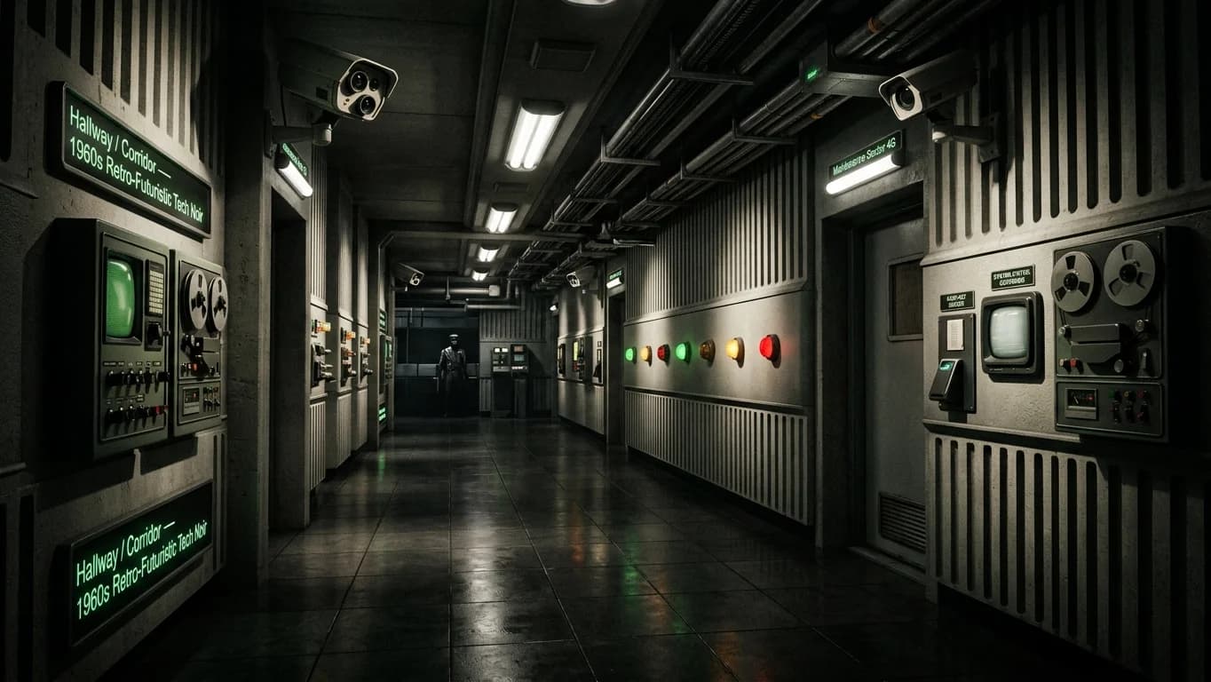 Hallway and Corridor in 1960s Retro-Futuristic Tech Noir style.