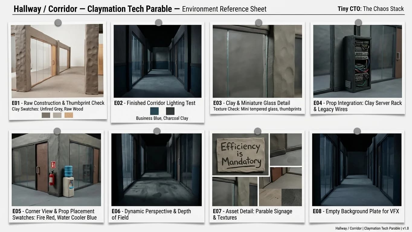 Hallway and Corridor in Claymation Tech Parable style.