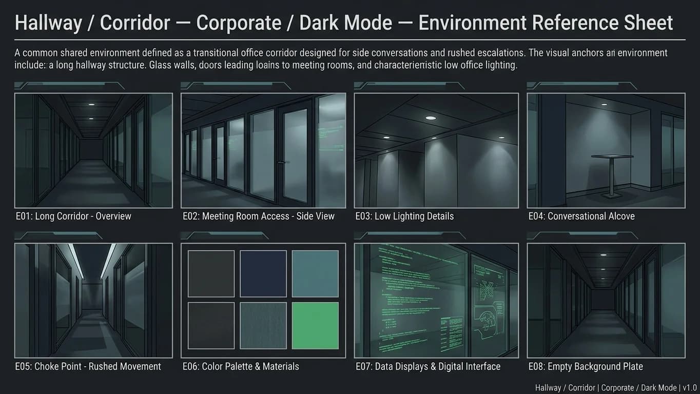 Hallway and Corridor in Corporate - Dark Mode style.
