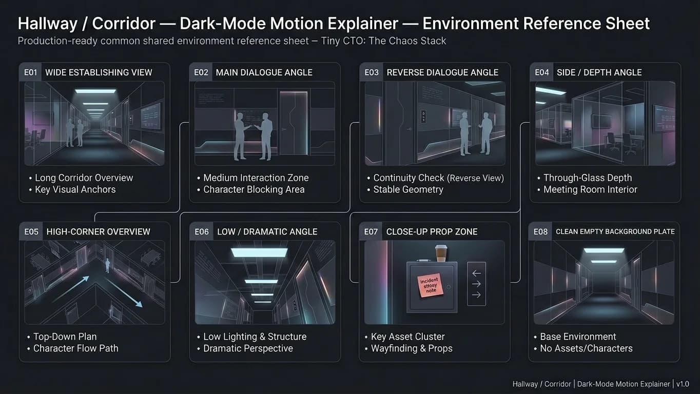 Hallway and Corridor in Dark-Mode Motion Explainer style.
