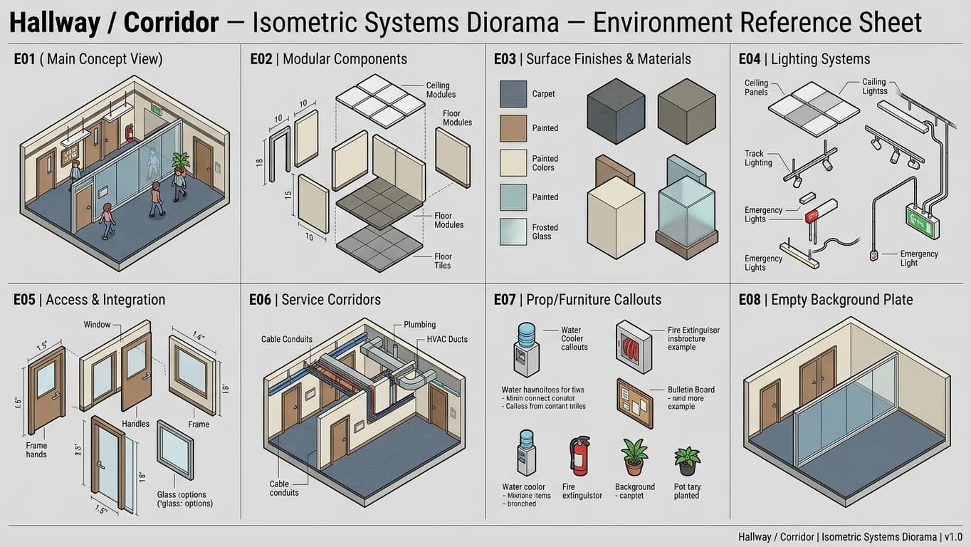 Hallway and Corridor in Isometric Systems Diorama style.