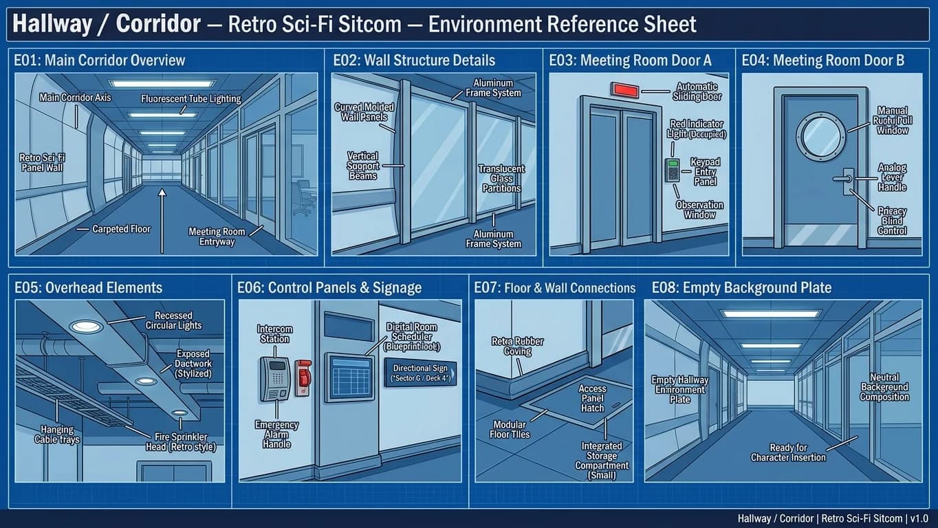 Hallway and Corridor in Retro Sci-Fi Sitcom style.