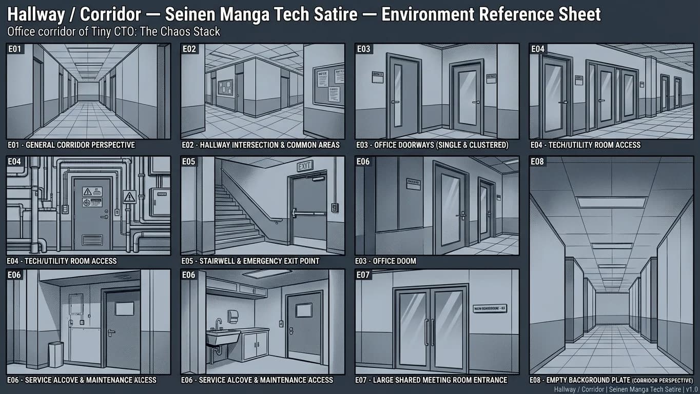Hallway and Corridor in Seinen Manga Tech Satire style.