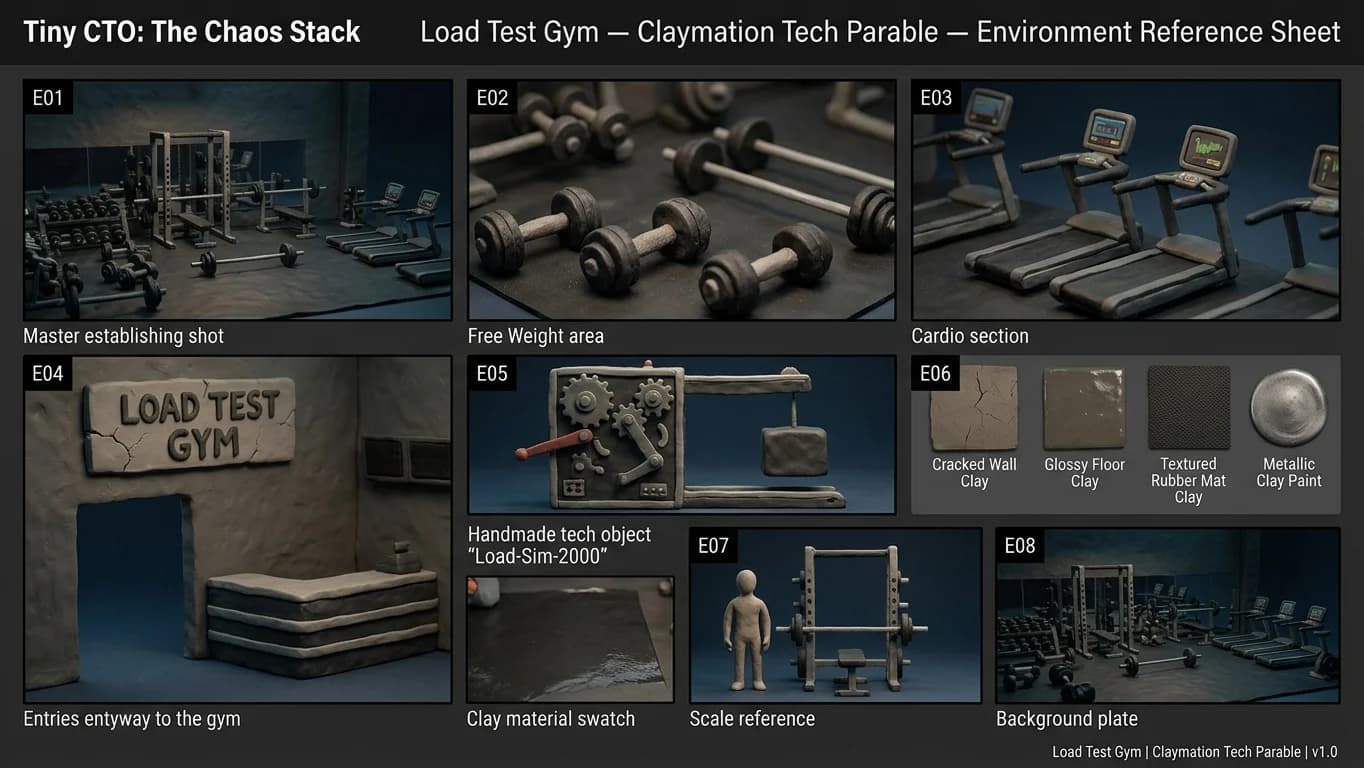 Load Test Gym in Claymation Tech Parable style.