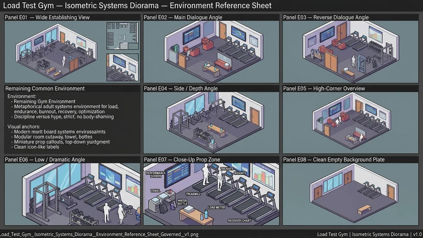 Load Test Gym in Isometric Systems Diorama style.