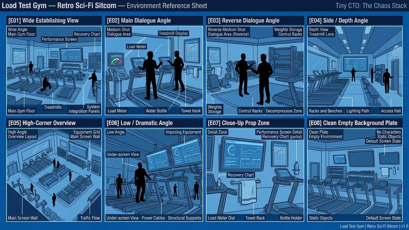 Load Test Gym in Retro Sci-Fi Sitcom style.