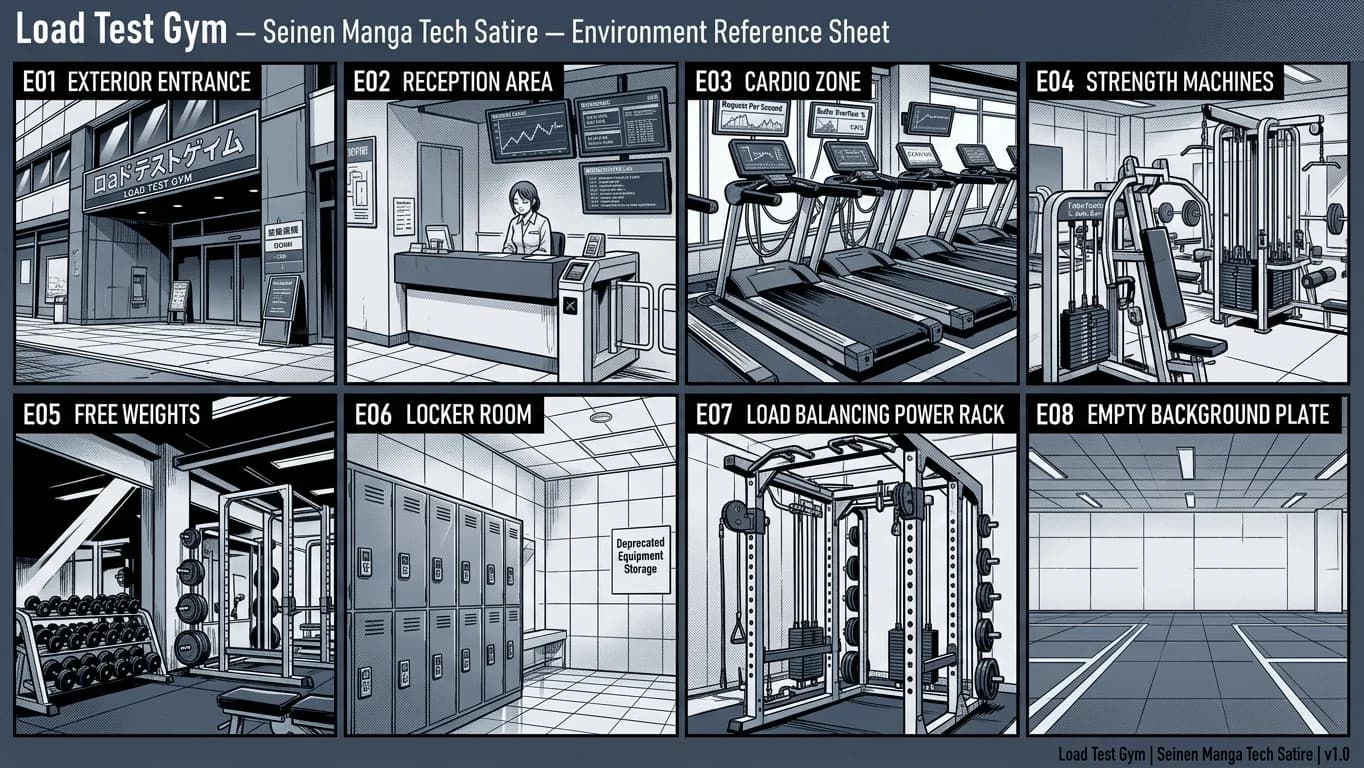 Load Test Gym in Seinen Manga Tech Satire style.