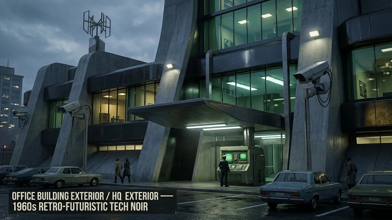 Office Building Exterior and HQ Exterior in 1960s Retro-Futuristic Tech Noir style.