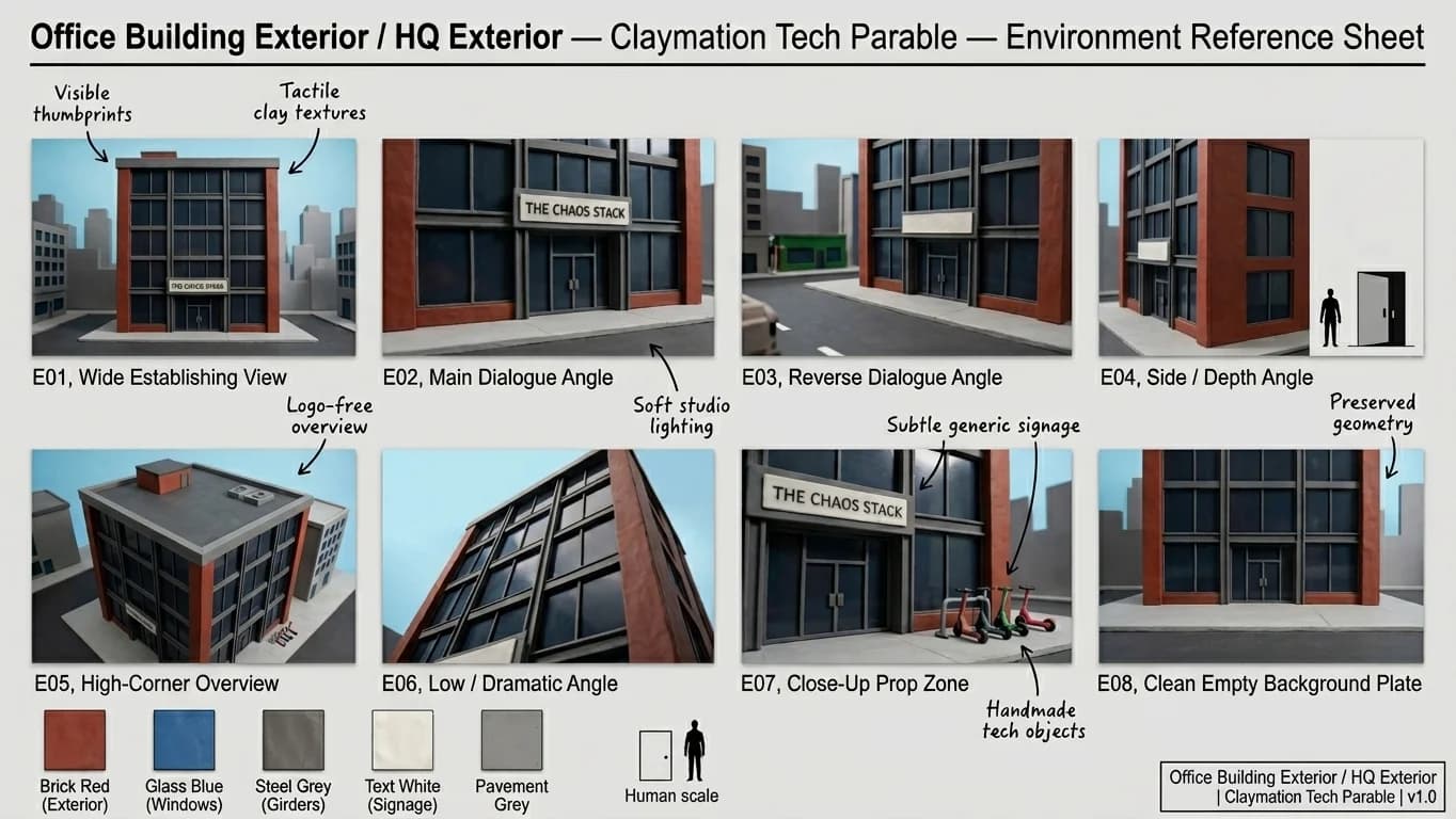 Office Building Exterior and HQ Exterior in Claymation Tech Parable style.