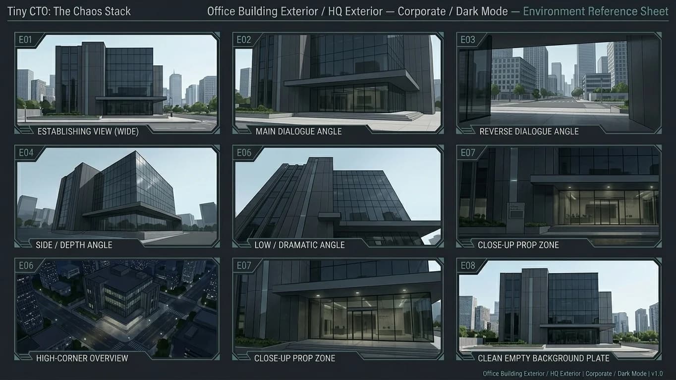 Office Building Exterior and HQ Exterior in Corporate - Dark Mode style.