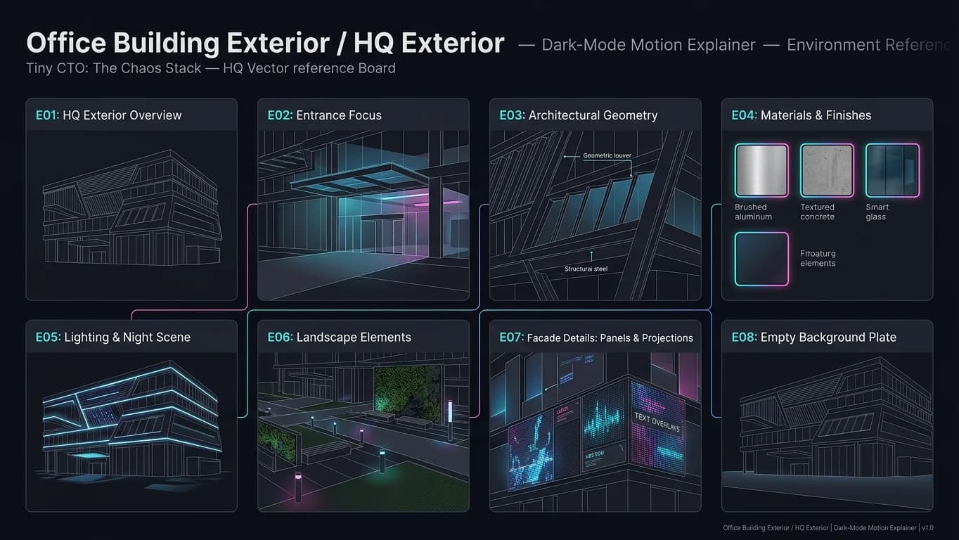 Office Building Exterior and HQ Exterior in Dark-Mode Motion Explainer style.