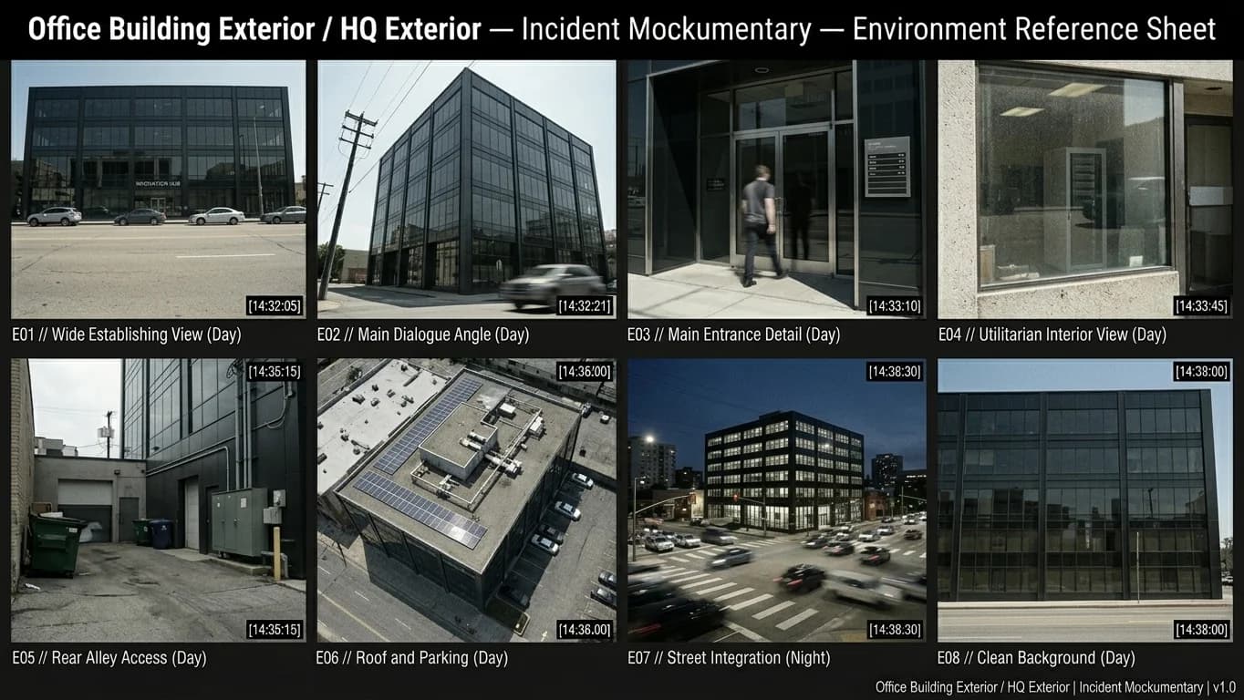 Office Building Exterior and HQ Exterior in Incident Mockumentary style.