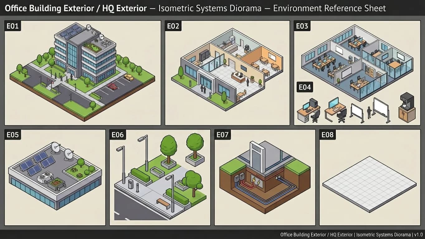 Office Building Exterior and HQ Exterior in Isometric Systems Diorama style.