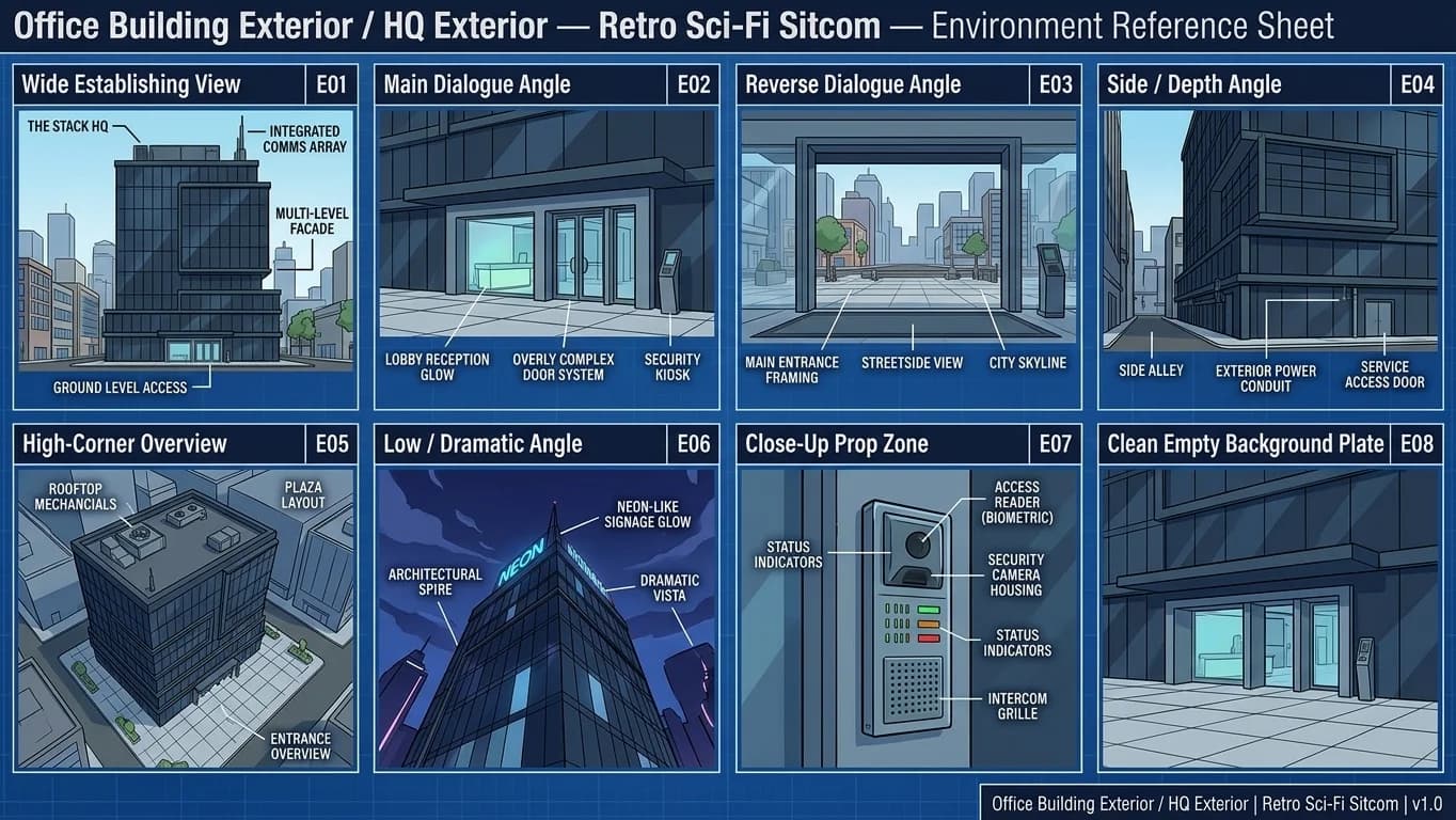 Office Building Exterior and HQ Exterior in Retro Sci-Fi Sitcom style.
