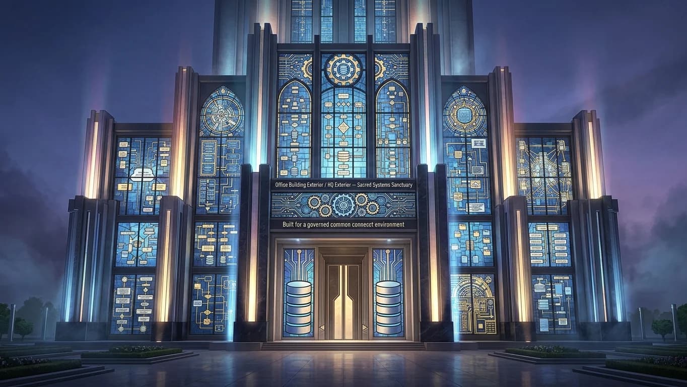 Office Building Exterior and HQ Exterior in Sacred Systems Sanctuary style.