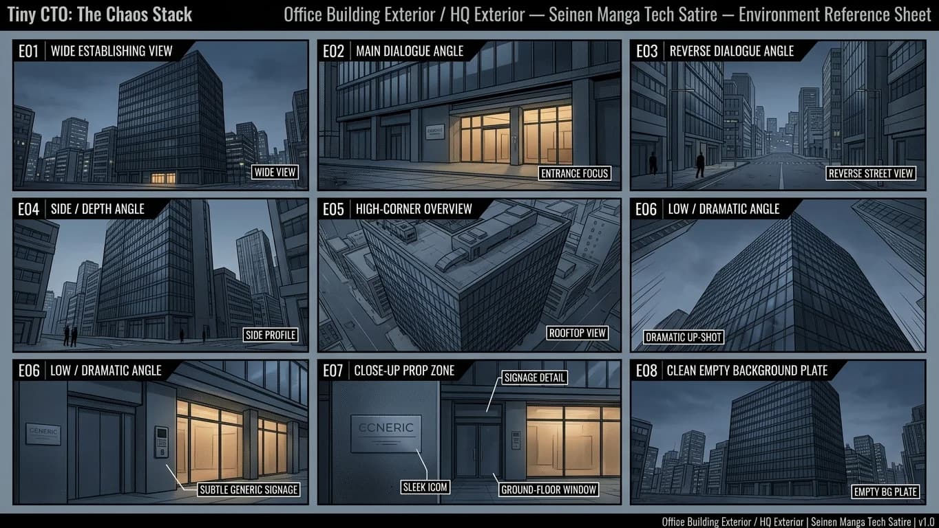 Office Building Exterior and HQ Exterior in Seinen Manga Tech Satire style.