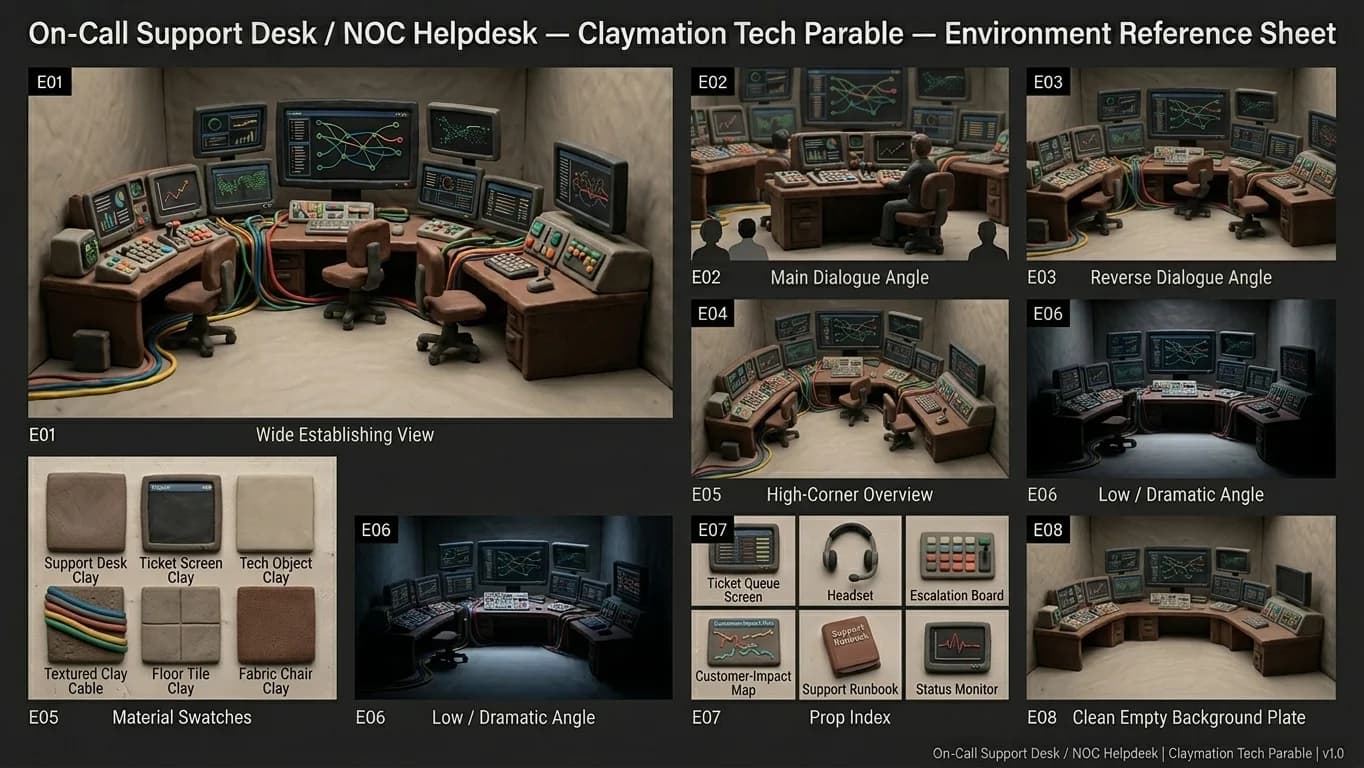 On-Call Support Desk and NOC Helpdesk in Claymation Tech Parable style.