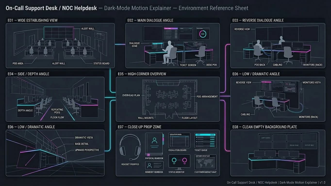 On-Call Support Desk and NOC Helpdesk in Dark-Mode Motion Explainer style.