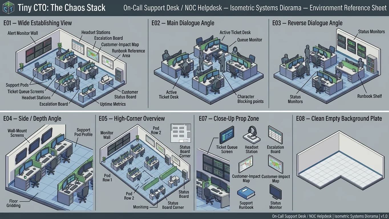 On-Call Support Desk and NOC Helpdesk in Isometric Systems Diorama style.