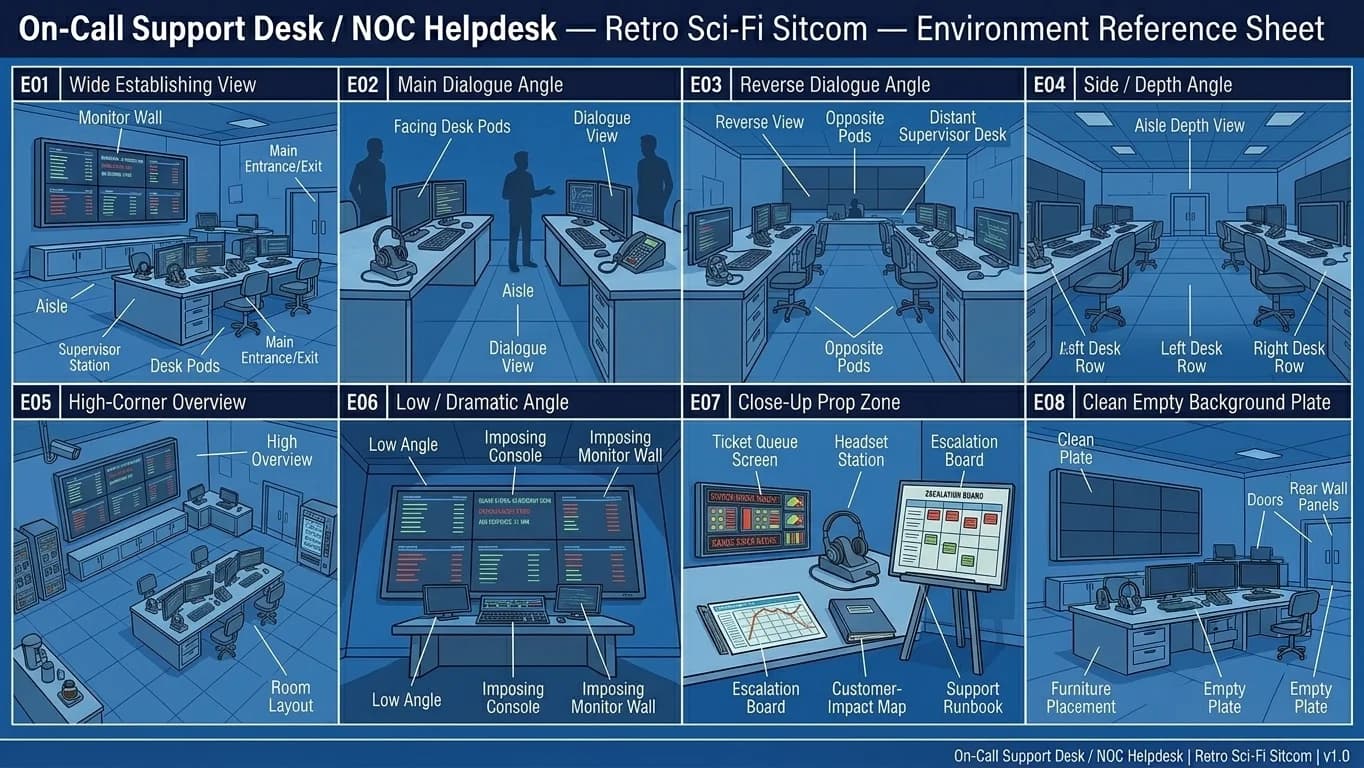 On-Call Support Desk and NOC Helpdesk in Retro Sci-Fi Sitcom style.