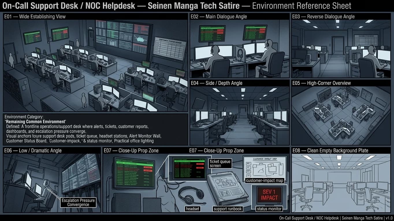 On-Call Support Desk and NOC Helpdesk in Seinen Manga Tech Satire style.