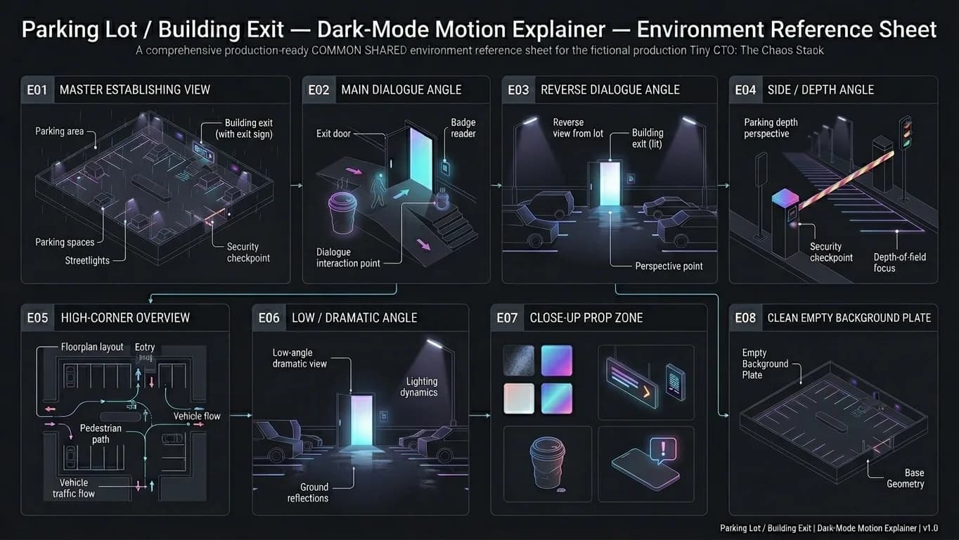 Parking Lot and Building Exit in Dark-Mode Motion Explainer style.