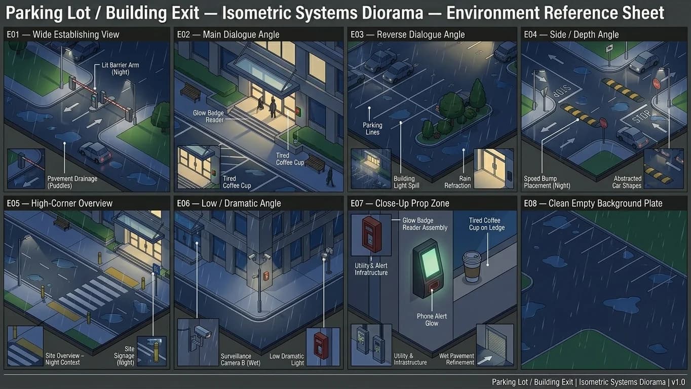 Parking Lot and Building Exit in Isometric Systems Diorama style.
