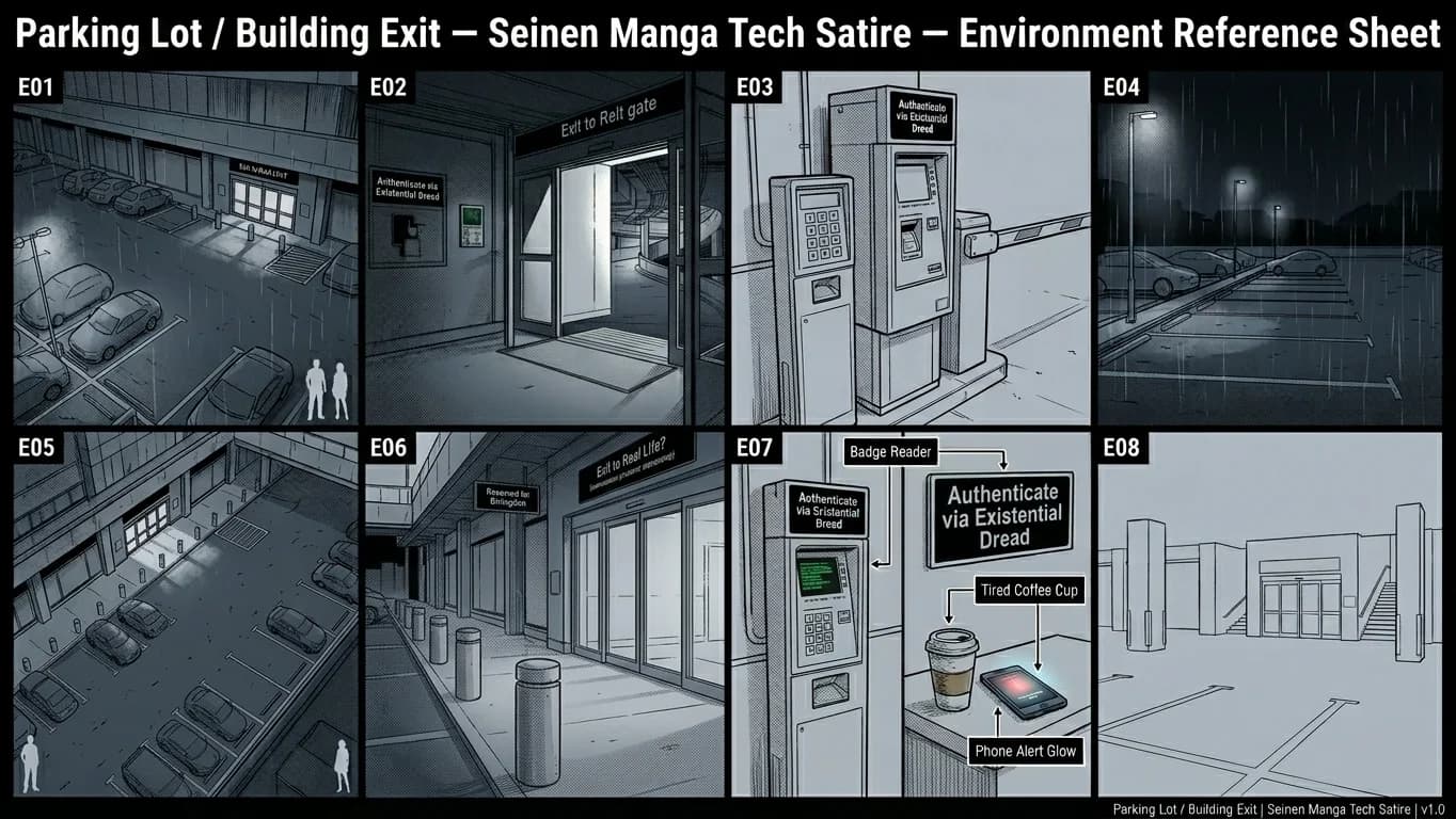 Parking Lot and Building Exit in Seinen Manga Tech Satire style.