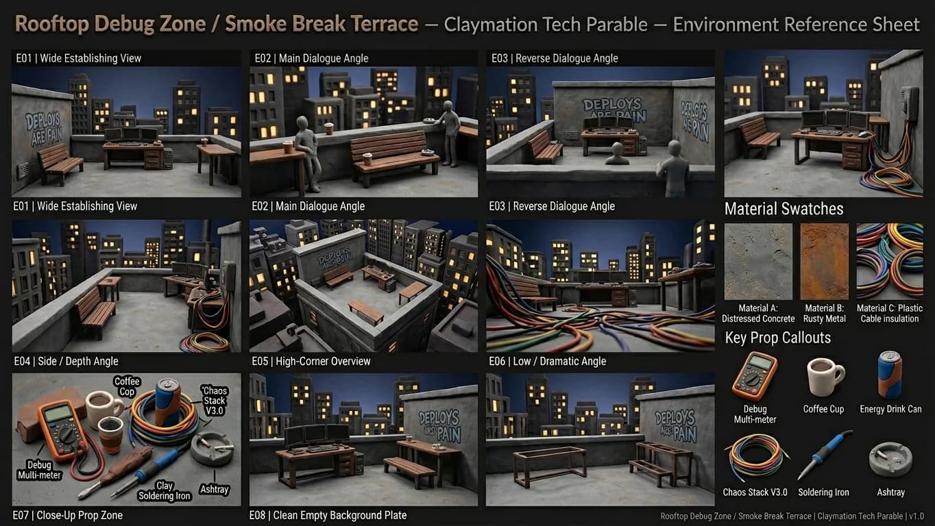 Rooftop Debug Zone and Smoke Break Terrace in Claymation Tech Parable style.