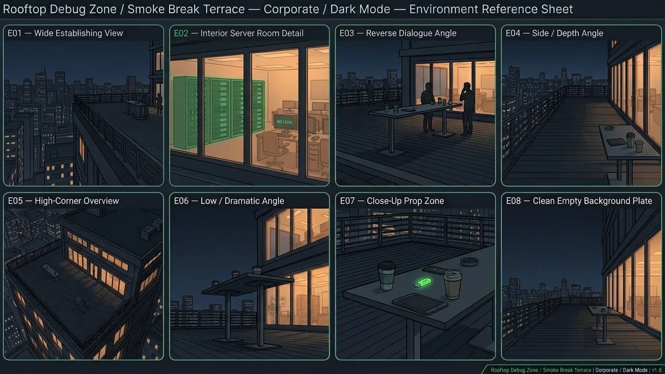 Rooftop Debug Zone and Smoke Break Terrace in Corporate - Dark Mode style.