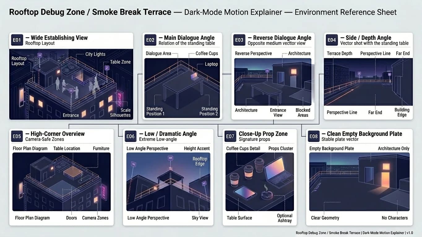 Rooftop Debug Zone and Smoke Break Terrace in Dark-Mode Motion Explainer style.