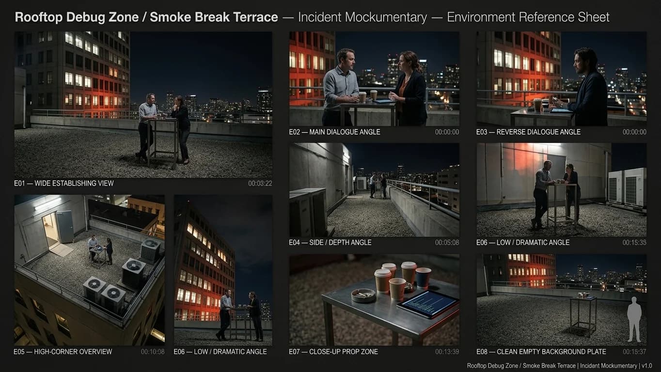 Rooftop Debug Zone and Smoke Break Terrace in Incident Mockumentary style.
