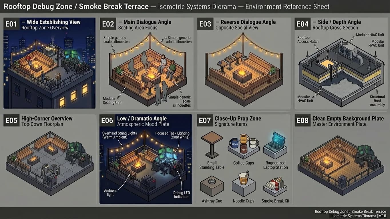 Rooftop Debug Zone and Smoke Break Terrace in Isometric Systems Diorama style.