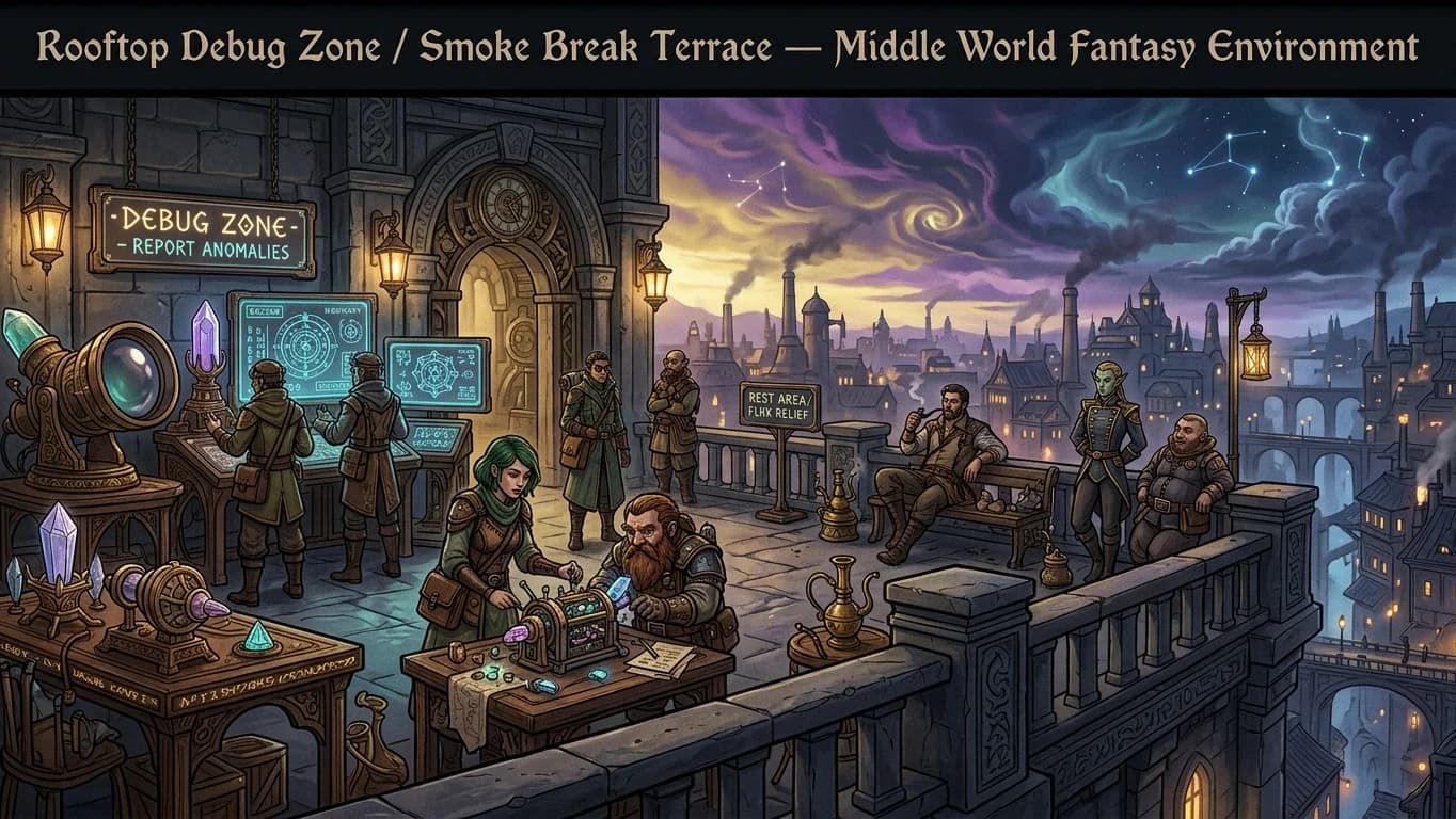 Rooftop Debug Zone and Smoke Break Terrace in Middle World Fantasy style.