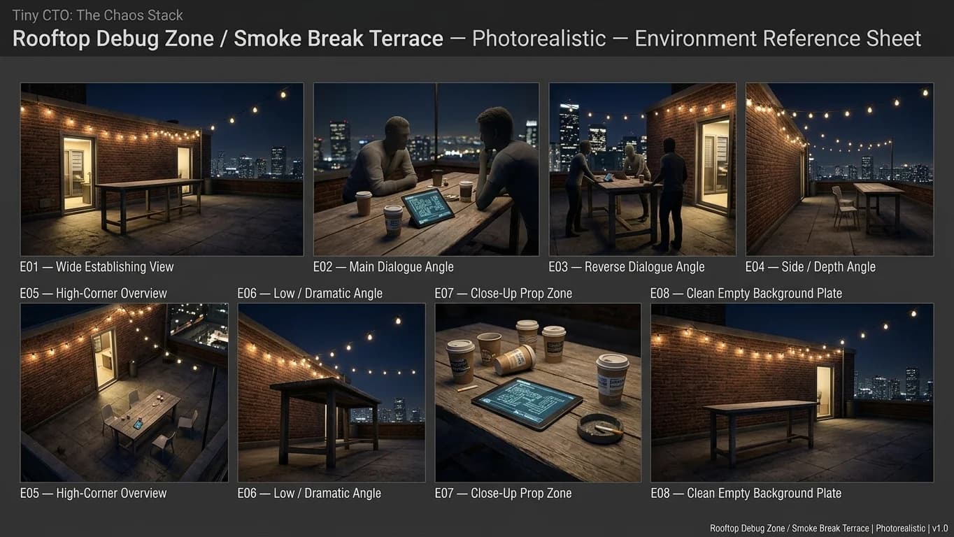 Rooftop Debug Zone and Smoke Break Terrace environment for Tiny CTO: The Chaos Stack.