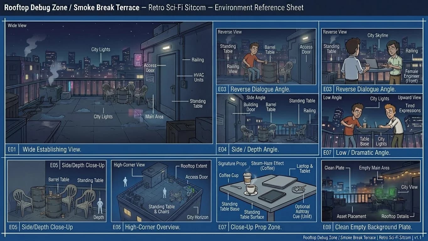 Rooftop Debug Zone and Smoke Break Terrace in Retro Sci-Fi Sitcom style.