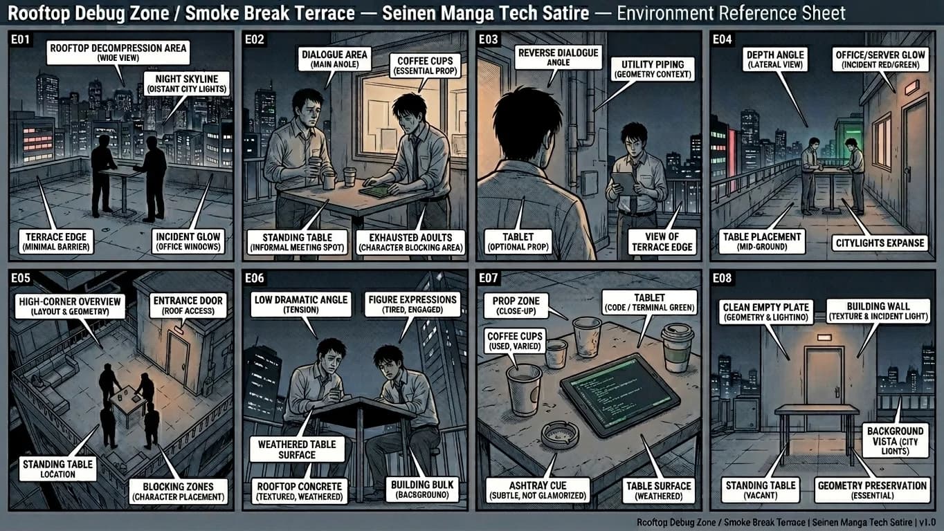 Rooftop Debug Zone and Smoke Break Terrace in Seinen Manga Tech Satire style.