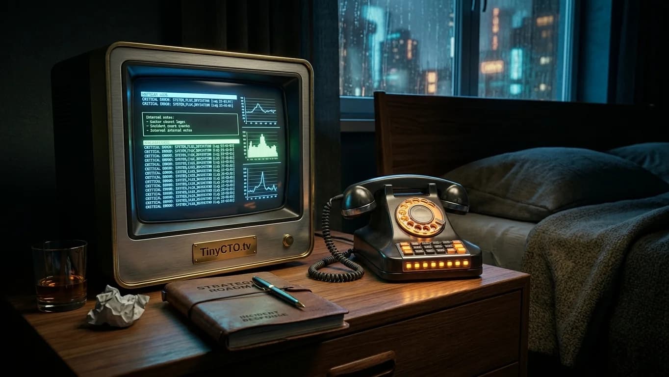 The PM's Late-Night Incident Bedroom in 1960s Retro-Futuristic Tech Noir style.