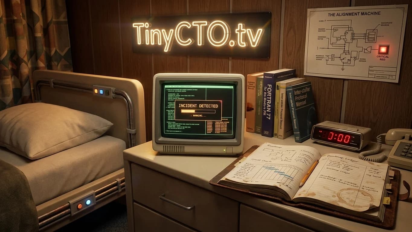 The PM's Late-Night Incident Bedroom in Retro Sci-Fi Sitcom style.