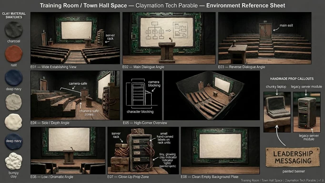Training Room and Town Hall Space in Claymation Tech Parable style.