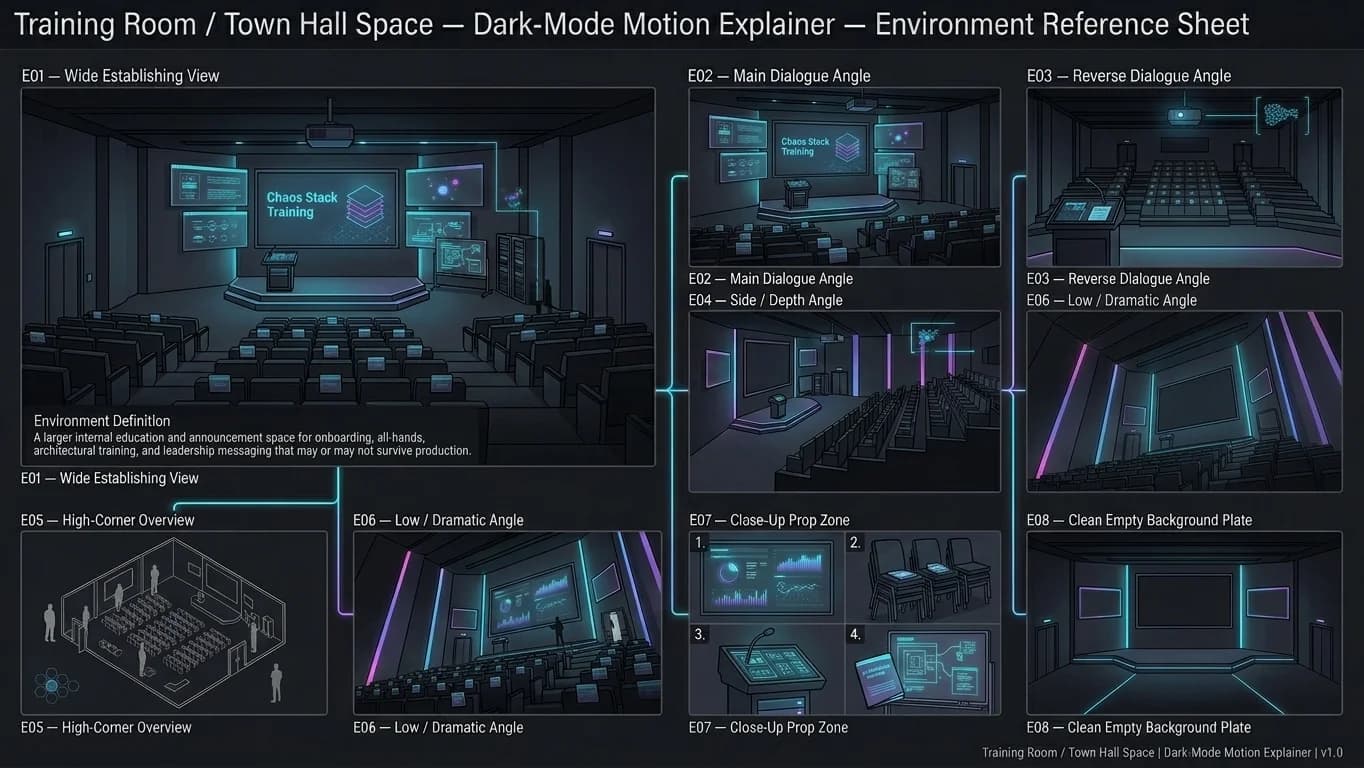 Training Room and Town Hall Space in Dark-Mode Motion Explainer style.