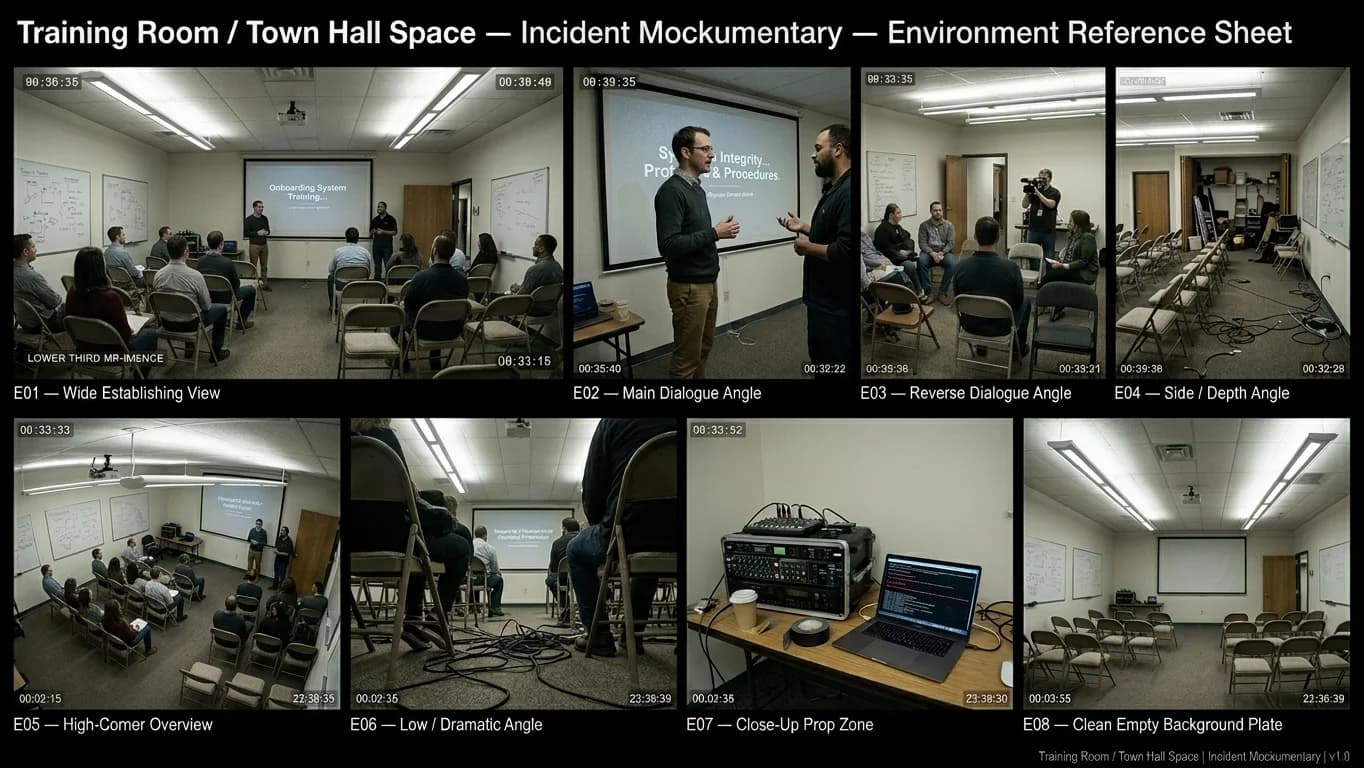 Training Room and Town Hall Space in Incident Mockumentary style.