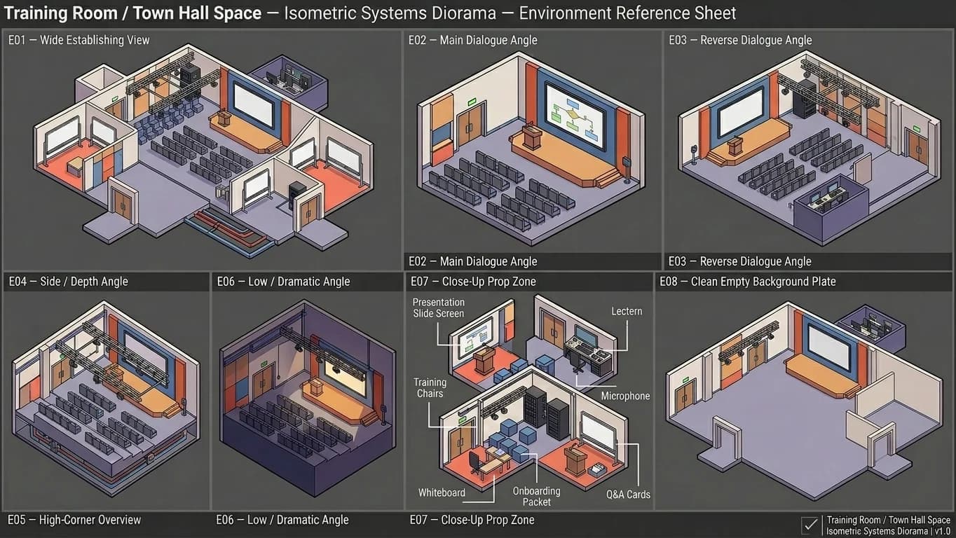 Training Room and Town Hall Space in Isometric Systems Diorama style.